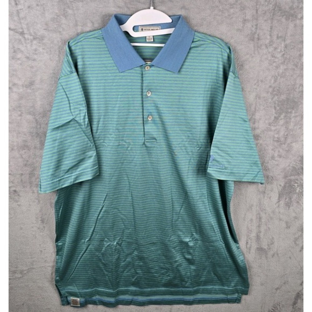 Peter Millar Mens Large Green Blue Striped Cotton Polo Shirt EnCap Investments